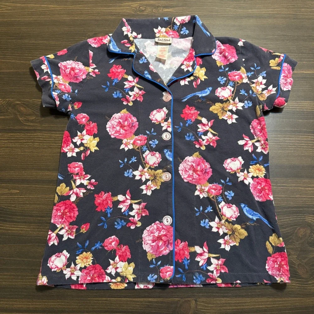 BedHead Pajama Set Button Down‎ Shirt & Pants Women's XS Floral Comfy Grey Pink